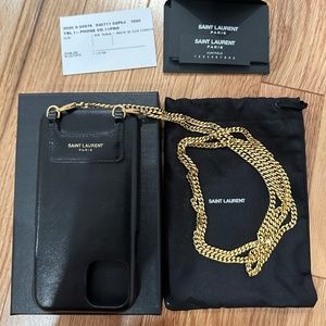 Authentic YSL iPhone 11 Pro black leather case with gold chain.
